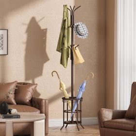 Brown Metal Coat Rack Entryway Hall Tree with Umbrella Stand